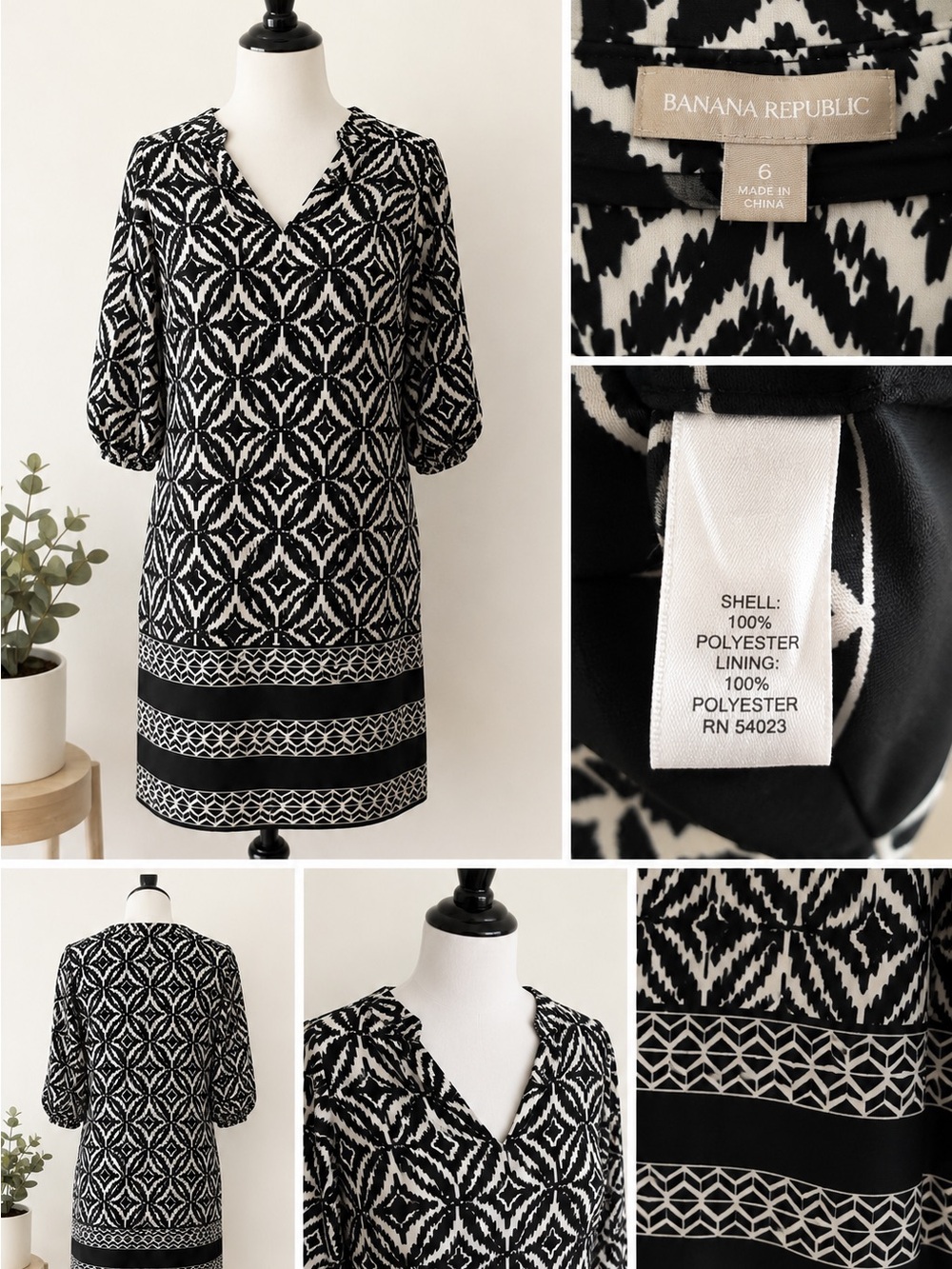 Banana Republic Black & White Geometric Tunic Dress Size 6 Lined 3/4 Sleeve